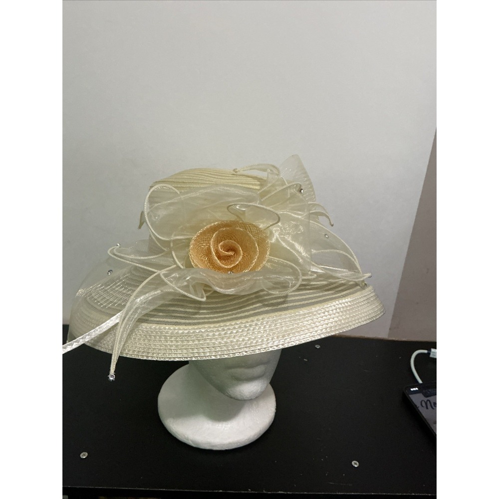 Mr Hi's Classic Church IVORY Color Hat Sequins Lace Ribbon Derby Beaded Vintage